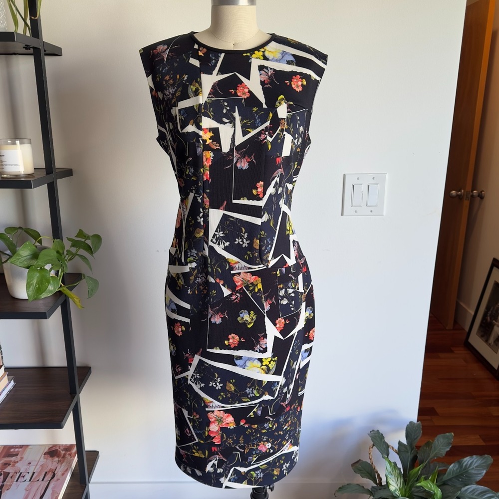 ERDEM Designer Nell Sleeveless Bodycon Midi Dress-Black Floral-Womens Size US 12